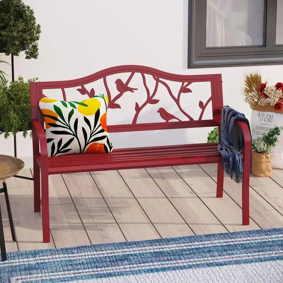 Red Steel Frame Outdoor Patio Garden Bench with Bird Branch Pattern Backrest - FREE SHIPPING