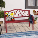 Red Steel Frame Outdoor Patio Garden Bench with Bird Branch Pattern Backrest - FREE SHIPPING