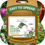 Flawn Seed Hits Tri-Color Clover Seed Kit packaging with clover flowers in the background