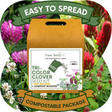 Flawn Seed Tri-Color Clover Seed Kit packaging with clover flowers in the background