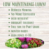 Advertisement for low maintenance lawn with text and flower inset on a wooden background