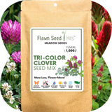 Flawn Seed Kits Tri-Color Clover Seed Mix packaging with a background of clover flowers.