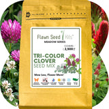 Flawn Seed Kits Tri-Color Clover Seed Mix packaging with a background of clover flowers.