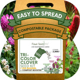 Flawn Seed Kits Tri-Color Clover seed kit packaging with compostable package label and clover plants in the background.