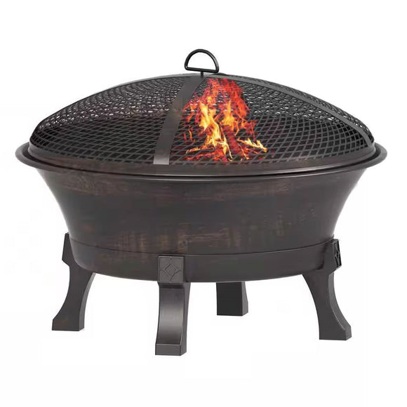 26-inch Outdoor Cast Iron Fire Pit with Mesh Cover and Poker in Bronze - FREE SHIPPING