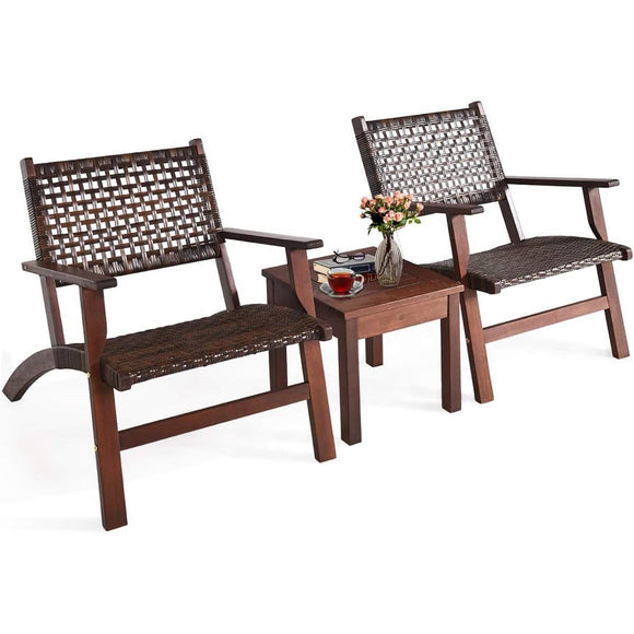 Solid Wood and Rattan 3-Piece Outdoor Patio Furniture Table Chairs Set - FREE SHIPPING