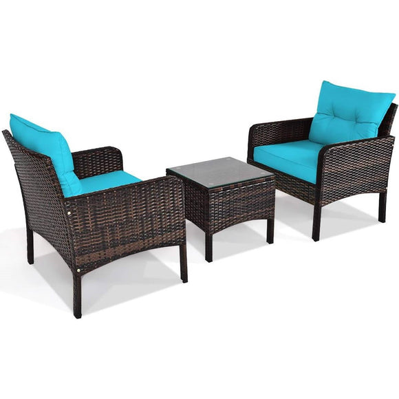 3-Piece Brown PE Rattan Outdoor Patio Furniture Dining Set w/ Turquoise Cushions - FREE SHIPPING