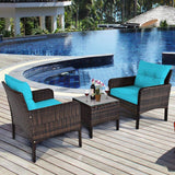 3-Piece Brown PE Rattan Outdoor Patio Furniture Dining Set w/ Turquoise Cushions - FREE SHIPPING