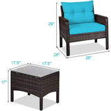 3-Piece Brown PE Rattan Outdoor Patio Furniture Dining Set w/ Turquoise Cushions - FREE SHIPPING