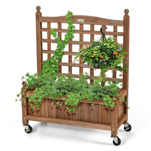 Solid Fir Wood Outdoor Raised Garden Bed Planter Box Cart on Wheels with Trellis - FREE SHIPPING