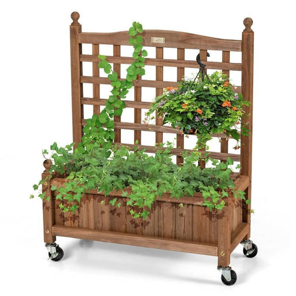Solid Fir Wood Outdoor Raised Garden Bed Planter Box Cart on Wheels with Trellis - FREE SHIPPING