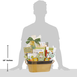 Gift basket with dimensions shown relative to a silhouette of a person