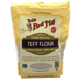 Bag of Bob's Red Mill teff flour on a white background
