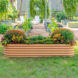 Metal garden bed with plants in a garden setting