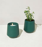 Two green containers, one with a lit candle and the other with a small plant, on a white surface. Rooted Candles Planters