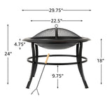 Black metal fire pit with dimensions labeled on a white background