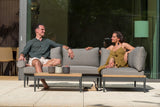 Two people sitting on a gray outdoor sofa with a glass wall in the background