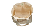 Beige fabric bag with multiple compartments on a white background