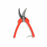 Red-handled pruning shears on a white background