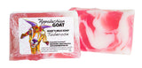Bar of pink and white soap with 'The Appalachian Goat' label on a white background