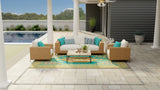 Outdoor patio with wicker furniture, cushions, and a Turkish Aqua rug near a pool.