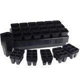 Set of black plastic seedling trays on a white background