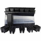 Black plastic seedling trays with a clear storage box on a white background
