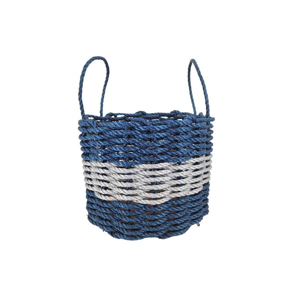 Woven basket with blue and gray pattern on a white background