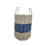 Woven basket with blue stripe and handles on a white background