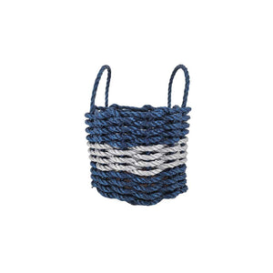 Woven basket with blue and gray pattern on a white background