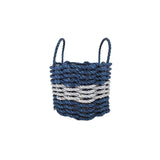 Rope basket with blue and white pattern on a white background