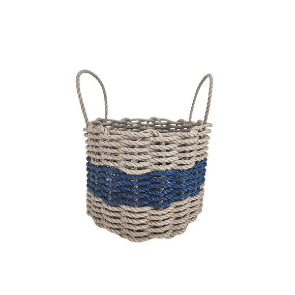Woven basket with blue and gray pattern on a white background