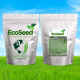 Two packages of EcoSeed on a grassy field with a blue sky background