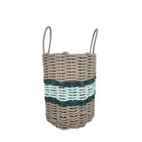 Woven basket with striped pattern on a white background
