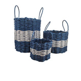 Set of three blue and white striped woven baskets on a white background