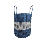Blue woven basket with a white stripe on a white background