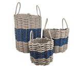 Set of three woven baskets with blue and natural stripes on a white background