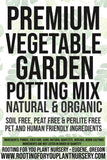 Advertisement for premium vegetable garden potting mix with text and a green leafy background.