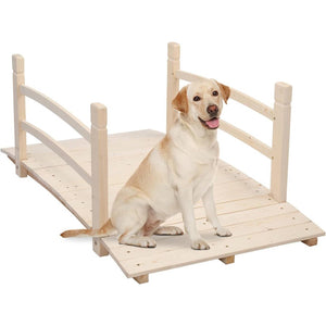 Outdoor 4-ft Wooden Garden Bridge with Rails in Natural Wood Finish - FREE SHIPPING