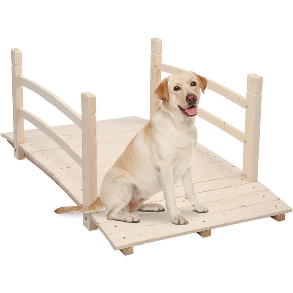 Outdoor 4-ft Wooden Garden Bridge with Rails in Natural Wood Finish - FREE SHIPPING