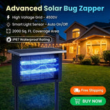 Advanced Solar Bug Zapper outdoor light fixture shown in a lawn setting at night with a house in the background. The product features a black metal grid box with bright blue UV light emitting from within, mounted on two black metal legs with a solar panel on top.