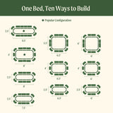 Diagram showing various configurations of a bed with dimensions labeled.