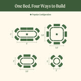 Diagram showing four different configurations of a bed layout with dimensions.