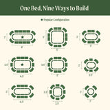 Diagram showing various configurations of a bed layout with dimensions.