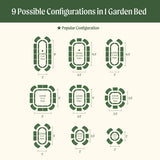 Diagram showing 9 possible configurations of a garden bed with dimensions.