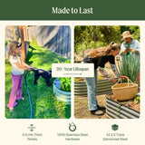 Two people using garden tools with text about product lifespan and material details.