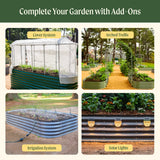 Gardening accessories including a cover system, arched trellis, irrigation system, and solar lights displayed in a collage.