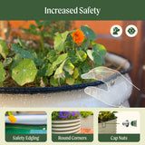 Garden planter with plants, safety features highlighted, and text 'Increased Safety'.