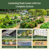 Gardening system with various components and plants in a garden setting.