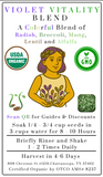 Violet Vitality Blend packaging with a woman holding flowers, USDA Organic and Non-GMO logos, and QR code.